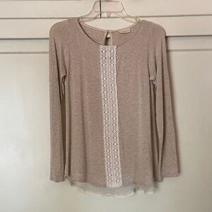 PerSeption Concept Beige Long Sleeve Top with Cream Lace Panel